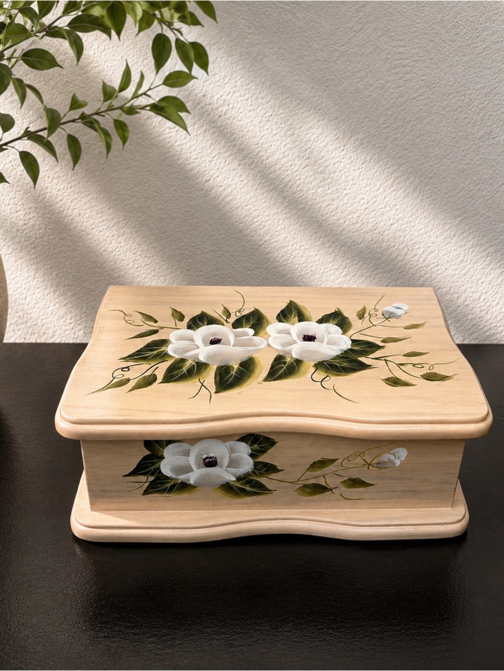 Vintage 90s Hand Painted Wood Jewelry Box Floral Cottagecore Shabby Chic Velvet